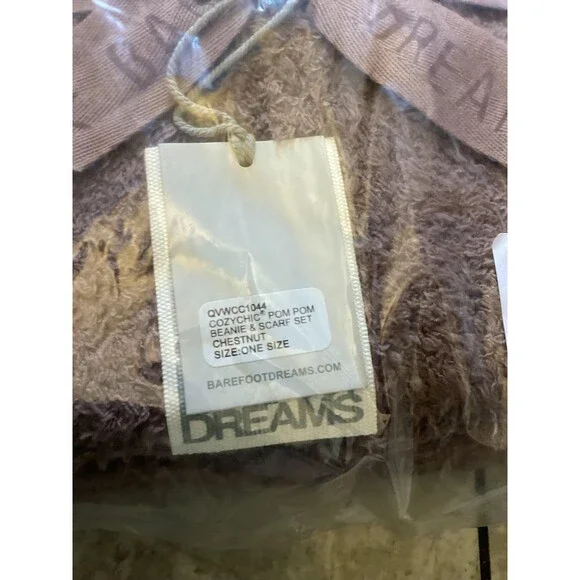 Barefoot Dreams CozyChic Pom Pom Beanie Scarf Set Chestnut Womens One Size New